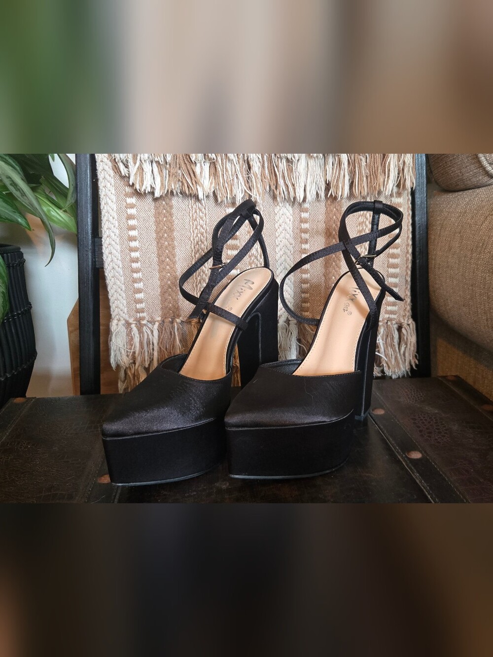 Mixx Shuz Black Satin Pointed Toe Ankle Strap Platform Heels